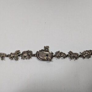 3D Noah's Ark Silver Tone Bracelet Marked AJC Animals Vintage Pewter Tone Finish